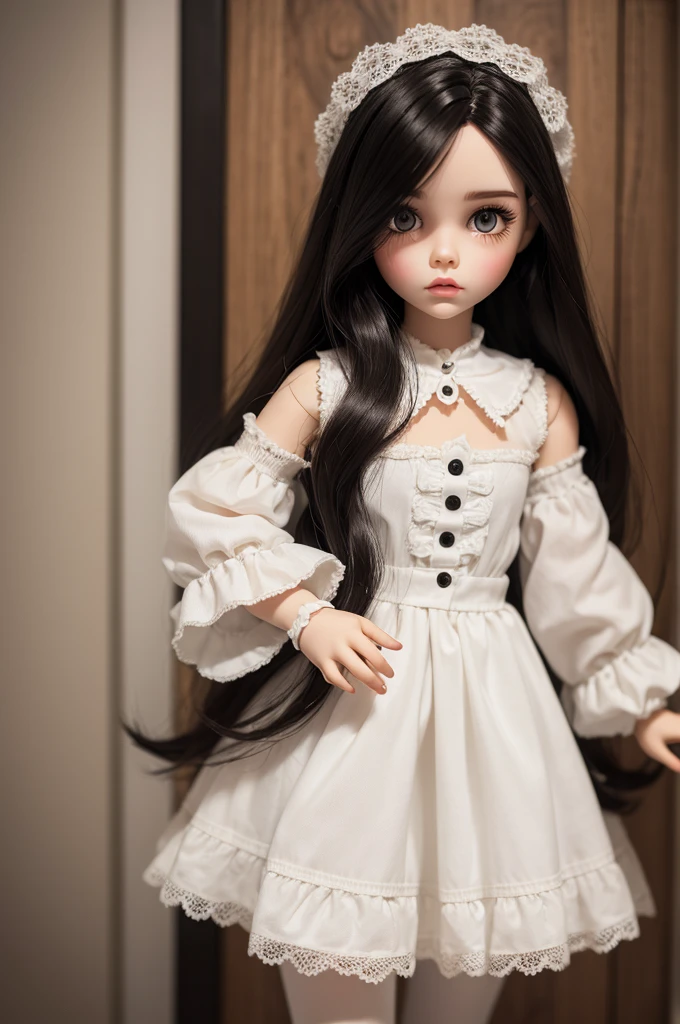 Make a white blythe doll with dark eyes dark hair no bangd