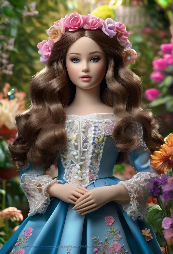 a beautiful porcelain doll with long silky hair that flows down past her waist, delicate facial features, pale skin, wearing an elegant Victorian-style dress, standing in a lush garden filled with colorful flowers and butterflies, (best quality,4k,8k,highres,masterpiece:1.2),ultra-detailed,(realistic,photorealistic,photo-realistic:1.37),intricate details,cinematic lighting,dramatic composition,warm color palette