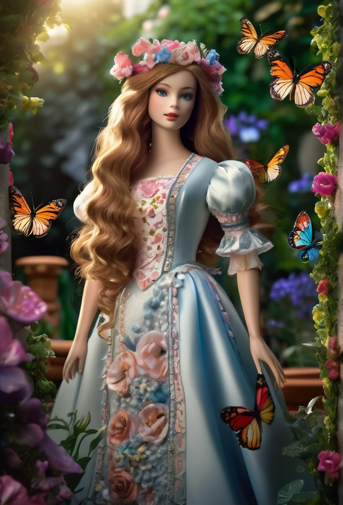 a beautiful porcelain doll with long silky hair that flows down past her waist, delicate facial features, pale skin, wearing an elegant Victorian-style dress, standing in a lush garden filled with colorful flowers and butterflies, (best quality,4k,8k,highres,masterpiece:1.2),ultra-detailed,(realistic,photorealistic,photo-realistic:1.37),intricate details,cinematic lighting,dramatic composition,warm color palette