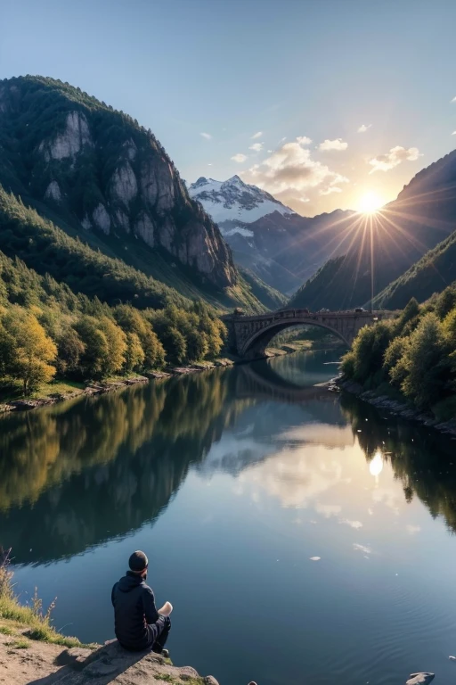 Man standing on top of a mountain peak looking at the sky, beautiful view, region with mountains and valleys around. Woman sitting by the river, thoughtful, Beautiful river, reflection of the sun on the water, Paisagem linda. People observing nature in different places around the world