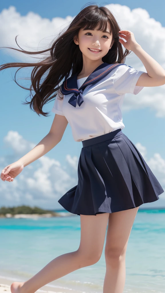 1girl,(((Okinawa ocean)))、(((White sand beaches in Okinawa)))、(((Just join your hands and pray)))、(((Mysterious look)))、8k UHD、Digital single-lens reflex camera、High resolution、Shallow depth of field、Natural light、(((オフショルダーで腕を上げて美しい脇の下をみせてくれる)))、(((Sailor suit)))、(((navy blue super mini skirt)))、(((A sparkling, charming smile)))、(((Full body photography)) )、Small person、(((Young face)))、1 Japanese female、;beautiful girl、(Black Hair)、A strong wind blows up my skirt、(((Brown eyes)))、Glowing Skin、Smooth Thinning Hair、Long Hair、Detailed background、Detailed eyes and face、Clear Eyes、Cute smile、Calm atmosphere、(((stage)))、(((Small breasts)))、(iful Eyes)))、Flat chest、Children、(((Toned t))) 、(((Angle from below) ))、(((Fine lips)))、(((Skirt fluttering)))、Shining beautiful legs、( Skirt fluttering violently in the strong wind :1.4), (hair blowing in the strong wind:1.4), (leaning forward)、barefoot、barefoot、((((A skirt flipped up by a strong w)))