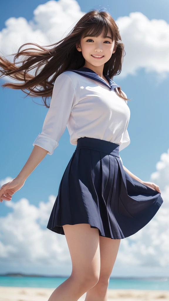 1girl,(((Okinawa ocean)))、(((White sand beaches in Okinawa)))、(((Just join your hands and pray)))、(((Mysterious look)))、8k UHD、Digital single-lens reflex camera、High resolution、Shallow depth of field、Natural light、(((オフショルダーで腕を上げて美しい脇の下をみせてくれる)))、(((Sailor suit)))、(((navy blue super mini skirt)))、(((A sparkling, charming smile)))、(((Full body photography)) )、Small person、(((Young face)))、1 Japanese female、;beautiful girl、(Black Hair)、A strong wind blows up my skirt、(((Brown eyes)))、Glowing Skin、Smooth Thinning Hair、Long Hair、Detailed background、Detailed eyes and face、Clear Eyes、Cute smile、Calm atmosphere、(((stage)))、(((Small breasts)))、(((Beautiful Eyes)))、Flat chest、Children、(((Toned thighs))) 、(((Angle from below) ))、(((Fine lips)))、(((Skirt fluttering)))、Shining beautiful legs、( Skirt fluttering violently in the strong wind :1.4), (hair blowing in the strong wind:1.4), (leaning forward)、barefoot、barefoot、((((A skirt flipped up by a strong wind))))