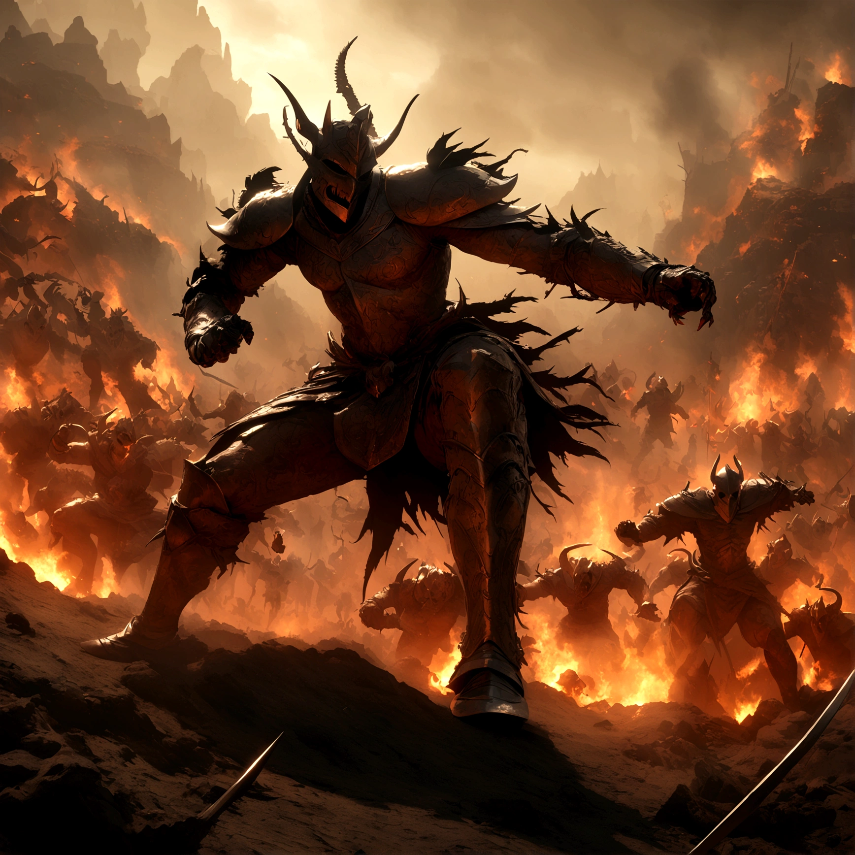 Detailed, HD , 4k, (Anime human knight) in hell, warrior, demons, hell, fight, dynamic, VFX
