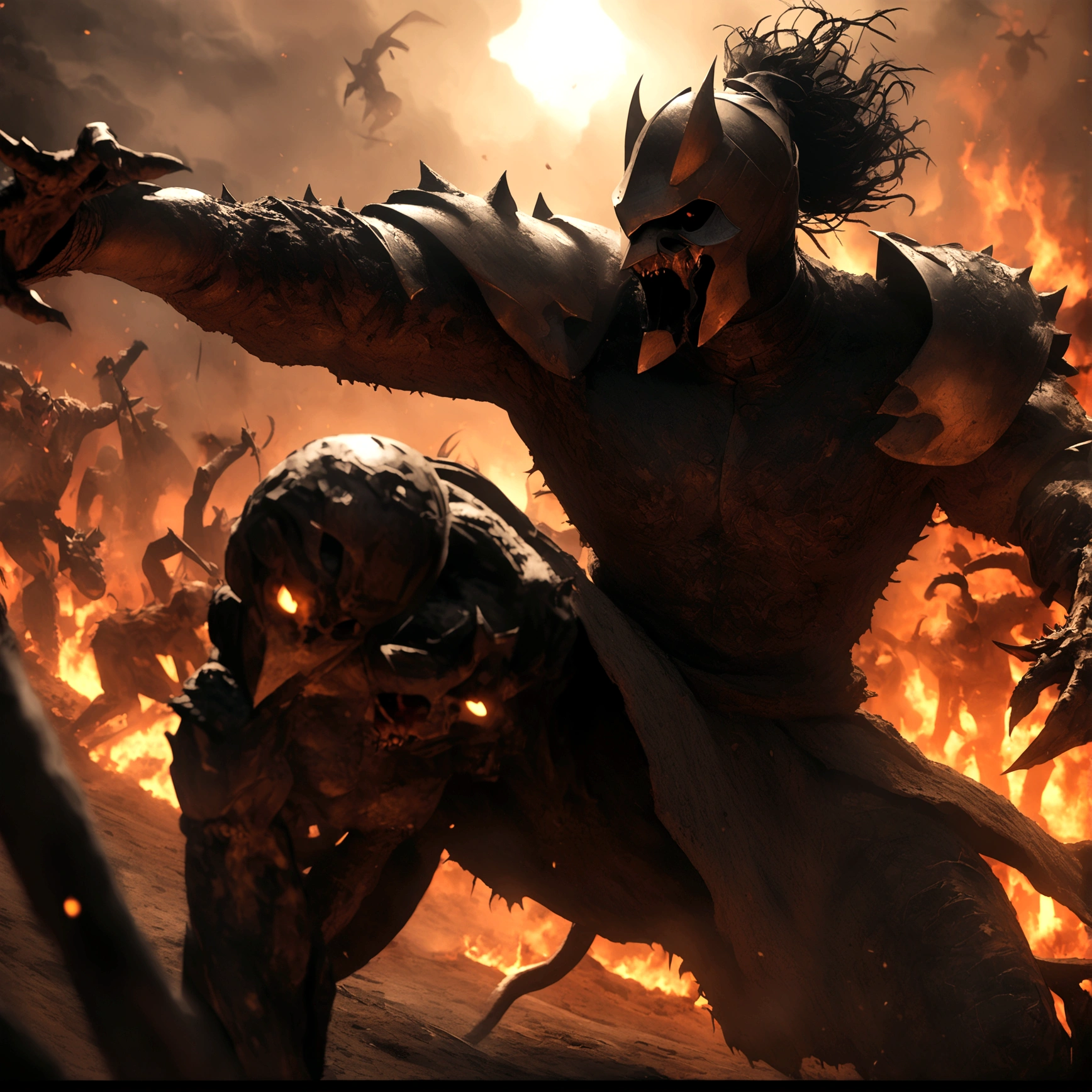 Detailed, HD , 4k, (Anime human knight) in hell, warrior, demons, hell, fight, dynamic, VFX