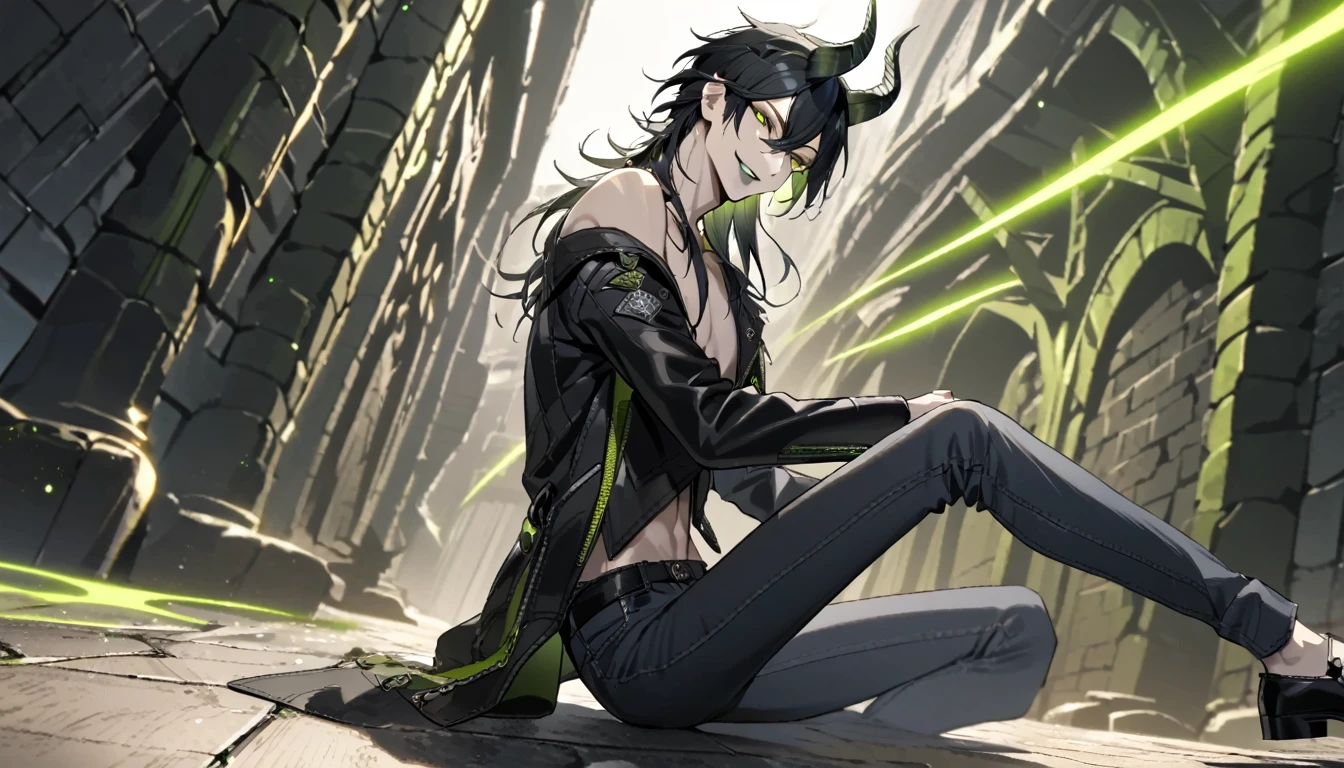 masterpiece, highres, absurdres, illustration, 1boy, sitting on floor, topless, black leather jacket, jeans, dynamic angle, malleus draconia (twisted wonderland) horns, bishounen, boy, male, yana Toboso style, long hair, black hair, yellow green eyes, smile, gray lips, handsome, skinny, tall, yellow green glow,