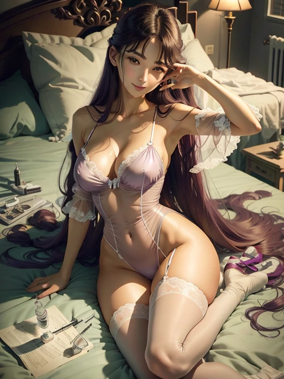 (Best Quality,high resolution),Misato Katsuragi lying on the bed hugging her legs in transparent lingerie,long dark purple hair,sparkling eyes,evil smile,beautiful detailed lips,beautiful physique,seductive pose,soft lighting,sensual atmosphere,erotic art,dream atmosphere,seductive mood,vivid colors,Soft skin texture,Satin sheets,exquisite lace details,subtle shadows,Beautifully composed plan,Artistic elegance, injection_Pov, holding, syringe,