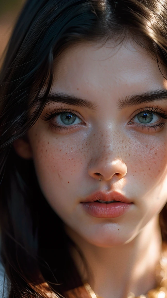 (((ultra realistic))) Photo, Masterpiece, Superior quality, pale skin, (ultra detailed face and eyes.:1.2), [instead_eyes], ultra detail, fog, NSFW, (Expressionless) , portrait young woman, White skin, Raven haired, slim, cara slim, eyes the color of honey, Red cheeks, pink lips, small eyes, upturned and thin nose, thick and big eyebrows, with few and small freckles on the nose, long wavy hair ((close-up portrait))