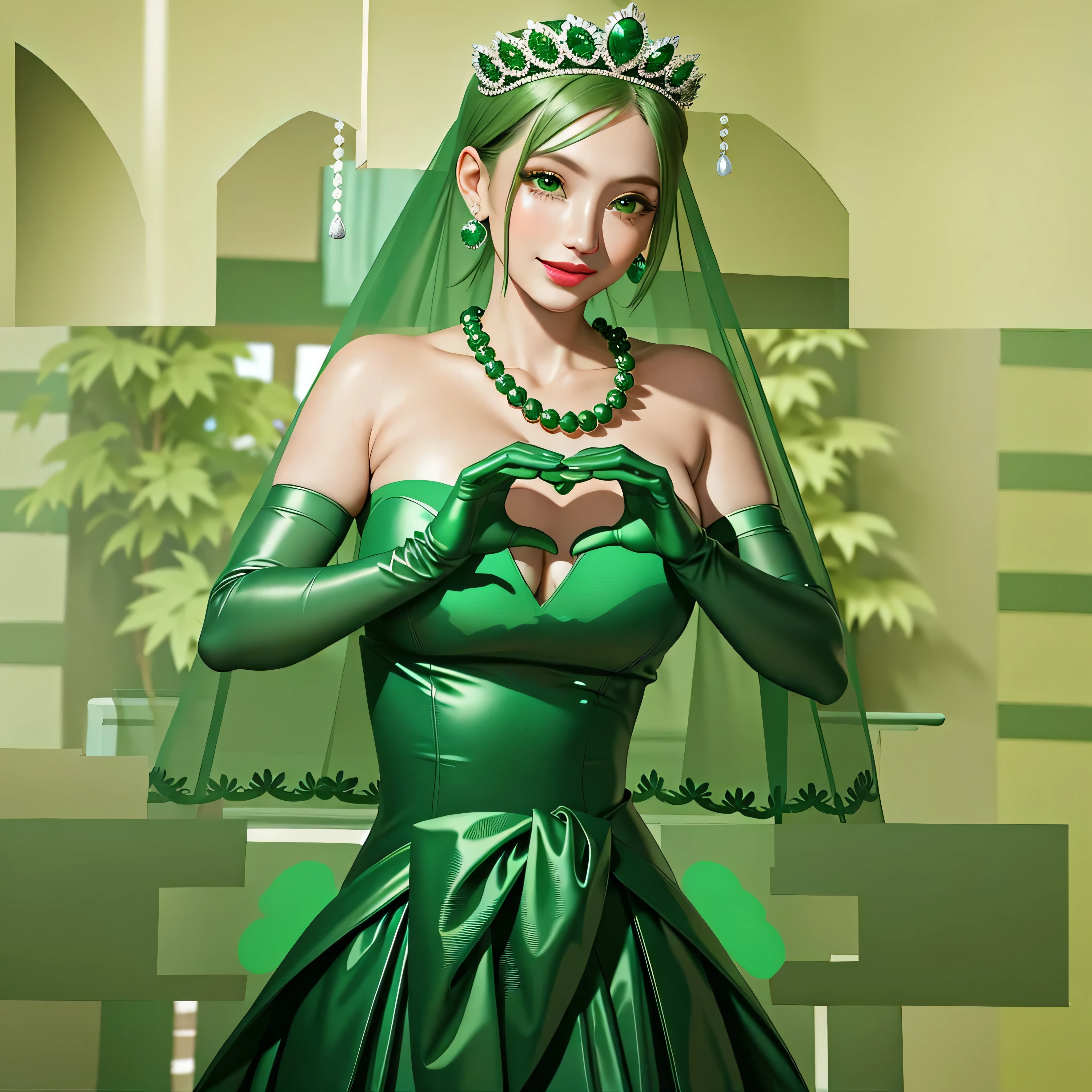 emerald tiara, Green Pearl Necklace, Boyish very short green hair, Green Lips, Smiling Japanese woman, Very short hair, Busty beautiful lady, Green Eyes, Green satin long gloves, Green Eyes, Emerald Earrings, Green veil, Heart with both hands, Green Hair, Beautiful Japanese Women, Heart shaped hands:1.3, green lip gloss