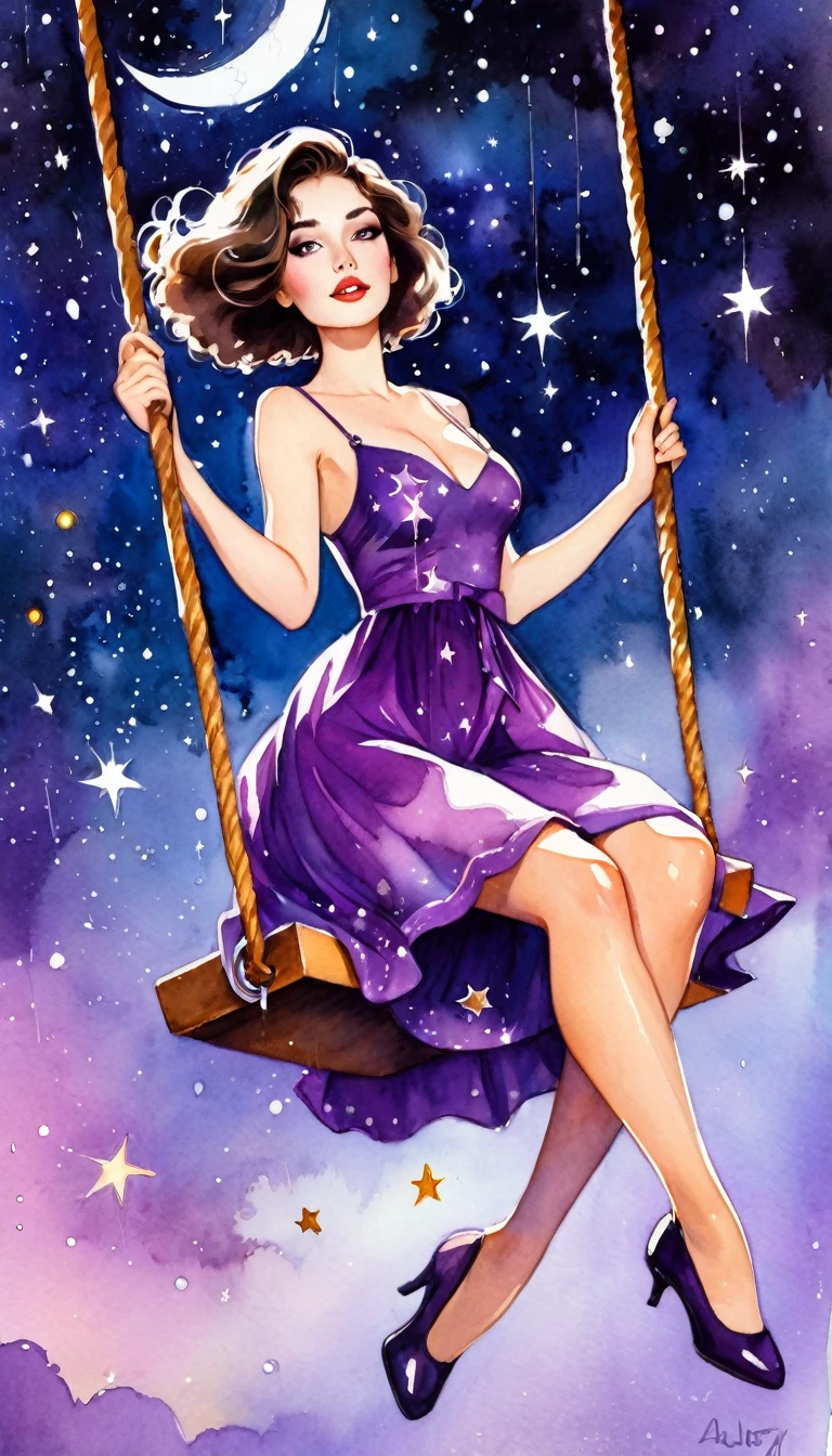 a cartoon drawing of a sexy girl in a purple dress riding a swing in the air, 1girl, solo, purple dress, swing, starlight, stars, watercolor, oil painting, whimsical, fantasy, detailed face, beautiful eyes, lush lips, detailed clothing folds, dynamic composition, vibrant colors, dramatic lighting, soft edges, digital art, art inspired by Bill Sienkiewicz
