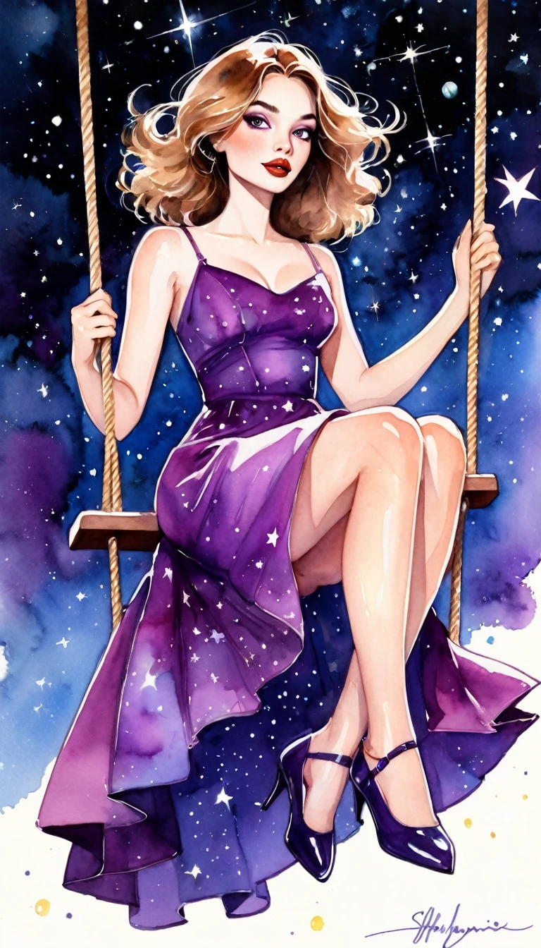 a cartoon drawing of a sexy girl in a purple dress riding a swing in the air, 1girl, solo, purple dress, swing, starlight, stars, watercolor, oil painting, whimsical, fantasy, detailed face, beautiful eyes, lush lips, detailed clothing folds, dynamic composition, vibrant colors, dramatic lighting, soft edges, digital art, art inspired by Bill Sienkiewicz