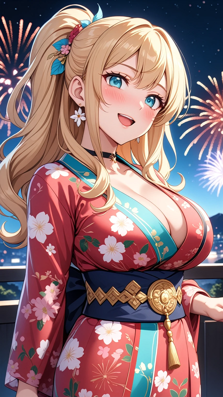 ((One personの女性)), Beautiful Face,(Laughing embarrassedly), (naughty face:1.2), ((Wink:1.9)), (head tilt:1.3), Laughing with your mouth open, upper teeth, ((full-face blush:1.5)), looking at viewer, Glossy Red Lips, Shining Face, night, Observatory, Festival decorations, firework, ((Anime style background)),masterpiece, Highest quality, so beautiful,up to date, Complex details, (Pink long nails),(ring),(bracelet),(choker),AI-generated, Complex,High resolution, Highest quality, super high quality,3D Images、3D Images,One person,Long blonde hair,ponytail, wavy hair ,写真のポーズをとるAnime Women, ((Fine grain、Turquoise Eyes、Shining Eyes:1.3)), (Squint your eyes:1.1),a hyperRealistic , hyperRealistic , Realistic,Anime Women, Smooth anime CG art, A woman in a colorful kimono with gold embroidery, (Pink long sleeve kimono),Red floral pattern,Long flower hair ornament,Earrings,Mature Body,(Big Breasts:1.1),Tall,Abdominal muscles,Tight waist,(face focus:1.3), ((front view)),