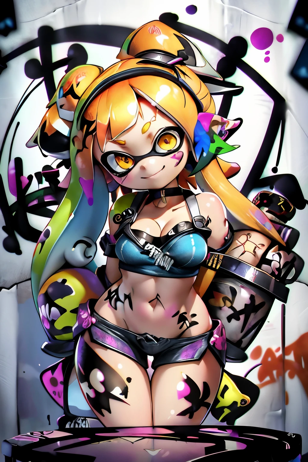 Absurd, Highest quality, High resolution、Real Anime、3d、Ultra-stereoscopic、One Splatoon girl, alone, Multicolored tentacle hair, Big Breasts、Cleavage、Underboob、Crop top, Denim shorts, Low-rise pants、choker, (graffiti:1.5), Paint splashes, Put your arms behind your back, (Hunchback), Lean back, Against the wall, (Tilt to the side:0.25), View your viewers, Armband, Thigh straps, Upturned eyes, Golden Eyes、Head Down, Tilt your head, (From the side:0.75), Toothy smile、