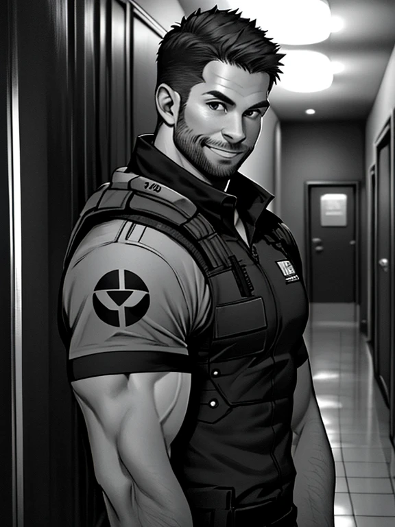 1 man, solo, 35 year old, pivaarts, wearing grey T shirt, smirks, black color on the shoulder and a bsaa logo on the shoulder, millitary tactical suit, tall and hunk, biceps, abs, chest, best quality, masterpiece, high resolution:1.2, upper body shot, dark black gloomy hallway with not background