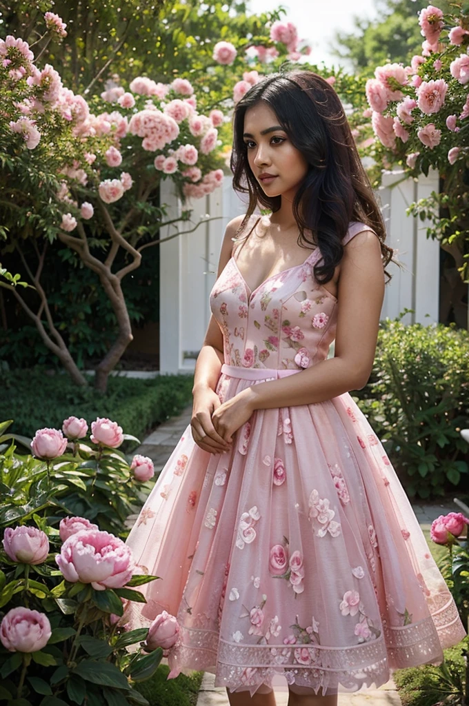 South asian girl in a peony garden. She is wearing a stunning pink floral gown. The dress is fluid muslins and tulle