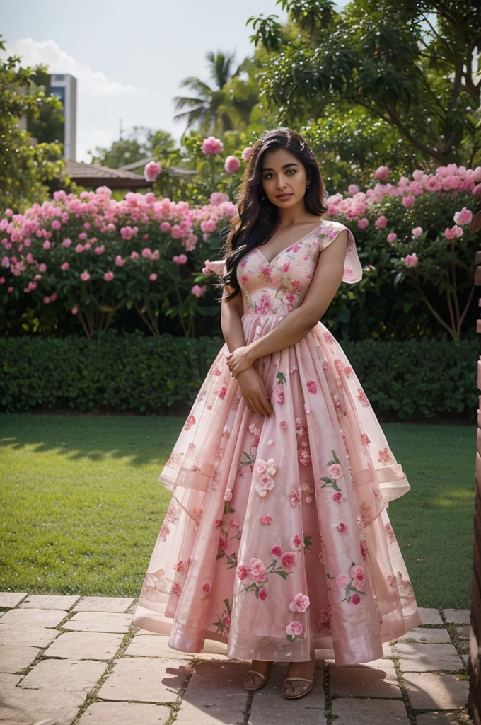 South asian girl in a peony garden. She is wearing a stunning pink floral gown. The dress is fluid muslins and tulle