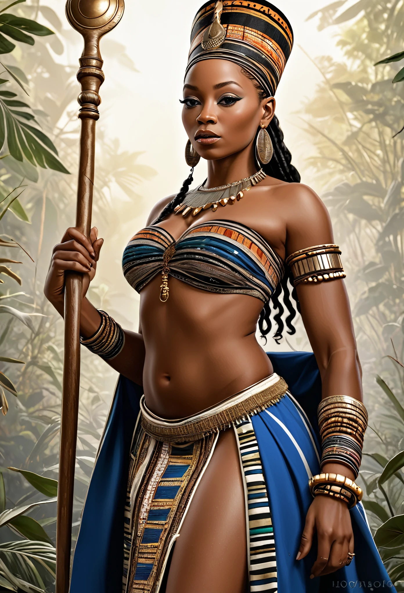 a highly detailed, realistic representation of Queen Nzinga, thick figure, attractive, gorgeous, beautiful, queen, African warrior attire, adorned with tribal jewelry and a striking expression.