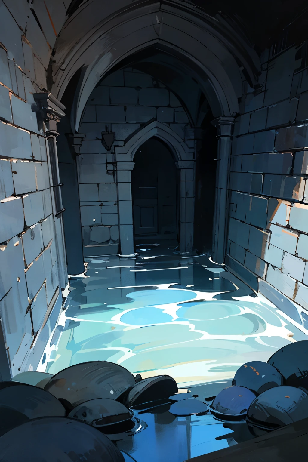 very dark medieval room in dungeon with water, sinking