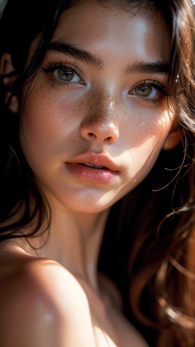 Masterpiece, Superior quality, [instead_eyes], ultra detail, fog, NSFW, (Expressionless) , portrait young woman, White skin, Raven haired, slim, cara slim, eyes the color of honey, Red cheeks, pink lips, small eyes, upturned and thin nose, thick and big eyebrows, with few and small freckles on the nose, long wavy hair