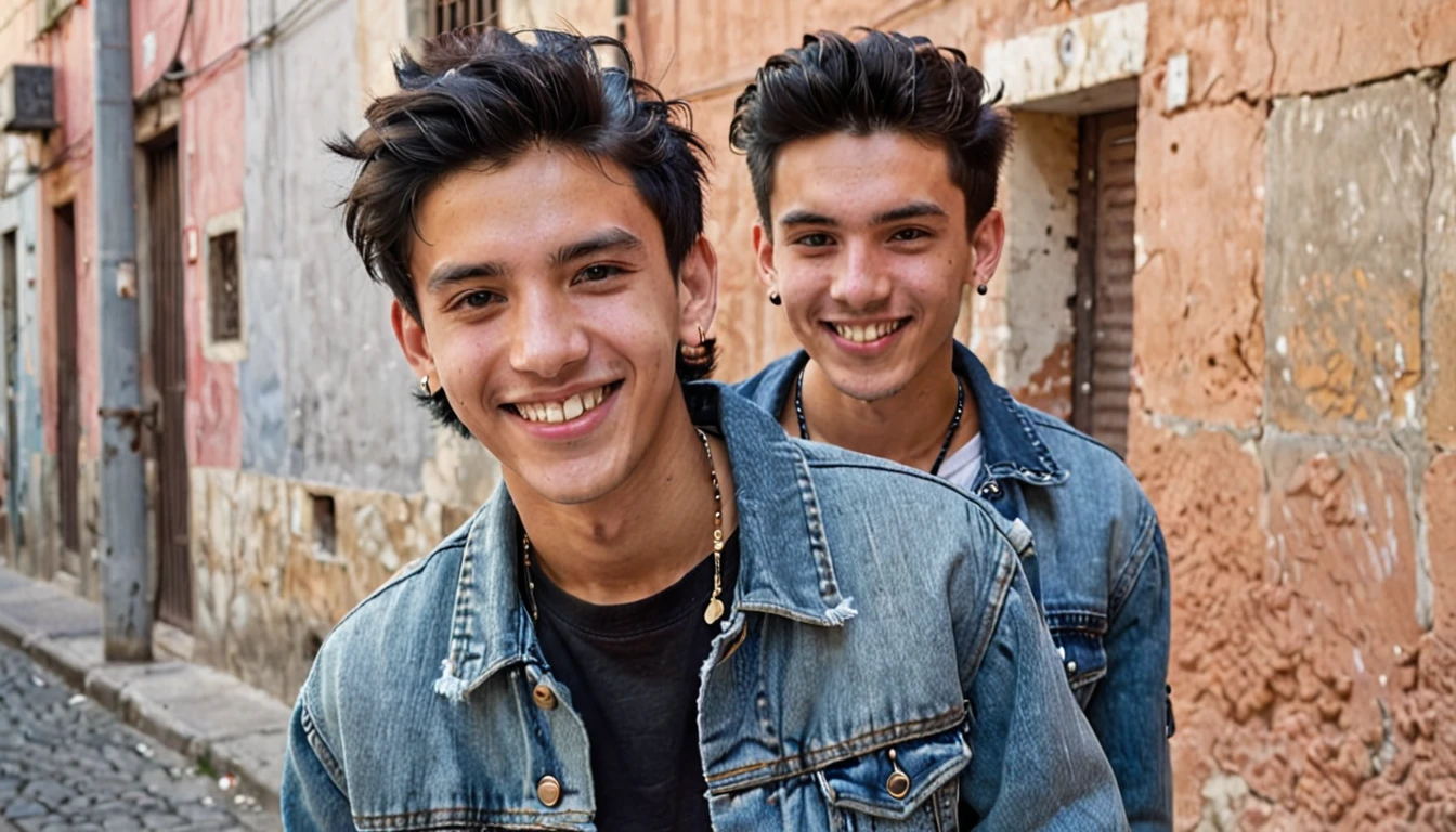 Create an image of a not very handsome young man, with black hair, short and unkempt, wearing a denim jacket and a black t-shirt underneath. He must be wearing small earrings in both ears and a necklace. The young man must be smiling, conveying a friendly and warm expression, looking at the camera, facing the camera, centralized no frame, sem cortes. In the background of the young man a solid neutral color.