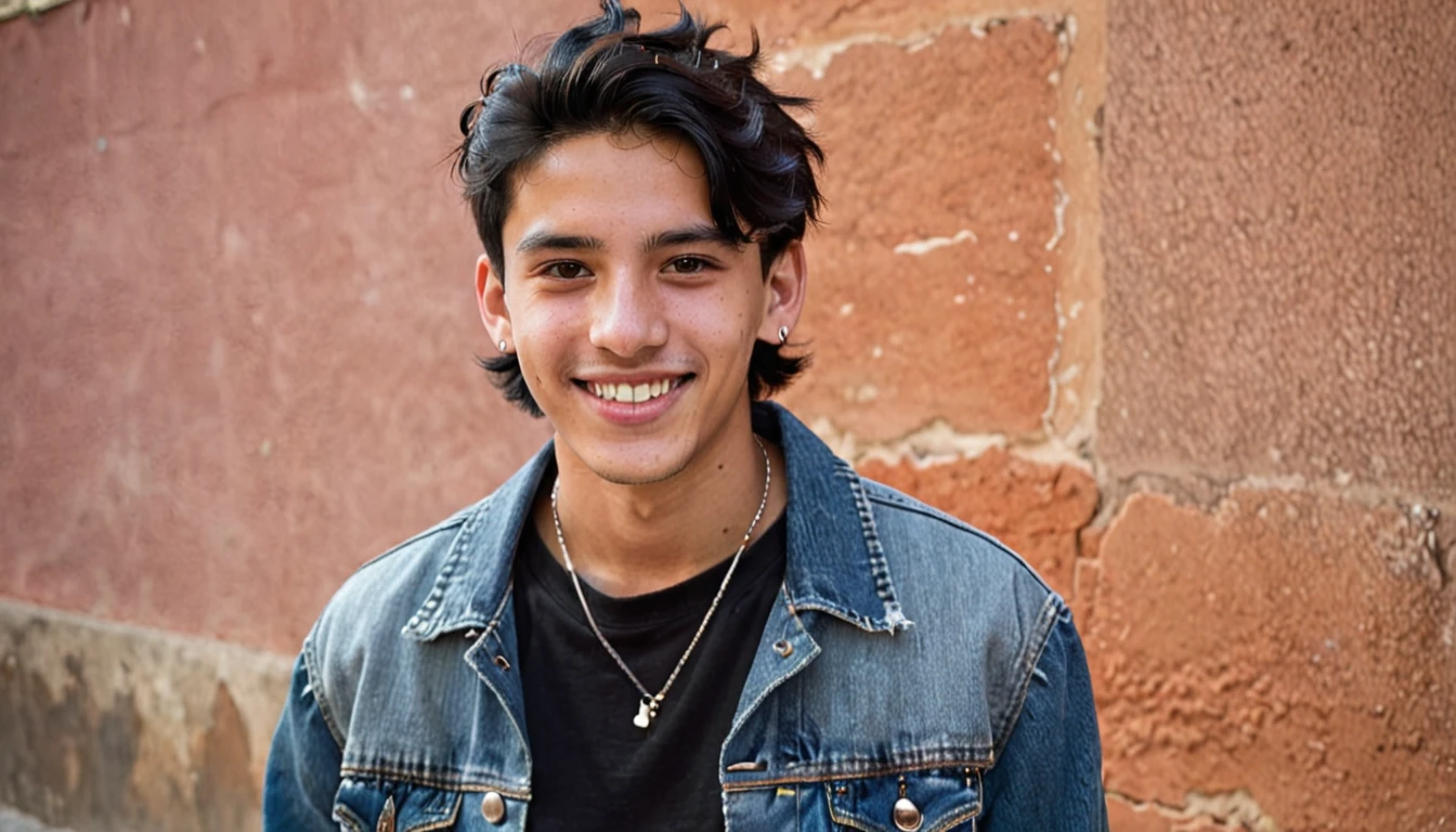 Create an image of a not very handsome young man, with black hair, short and unkempt, wearing a denim jacket and a black t-shirt underneath. He must be wearing small earrings in both ears and a necklace. The young man must be smiling, conveying a friendly and warm expression, looking at the camera, facing the camera, centralized no frame, sem cortes. In the background of the young man a solid neutral color.