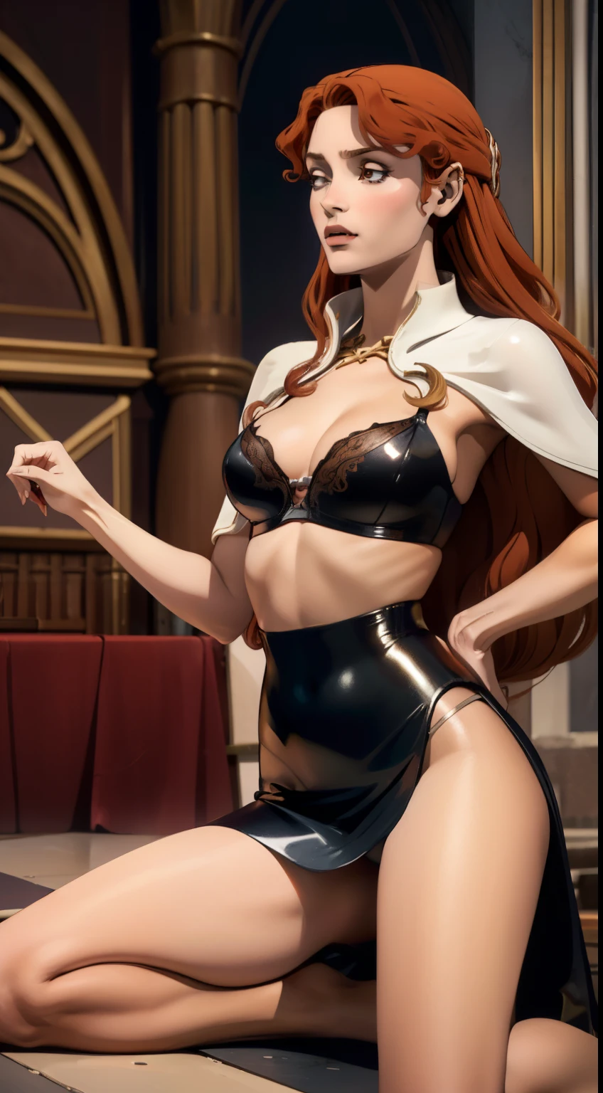 ((foto de corpo inteiro)), ((foto realista)), 1 girl, (colete: 1.2), 8k, high-res, pele finamente detalhada, lingerie, seios enormes, lenore from castlevania, vampire, red hair, skirt, sitting, toned legs, heels, dominant, low angle, upskirt, skinny, fit, skinny legs