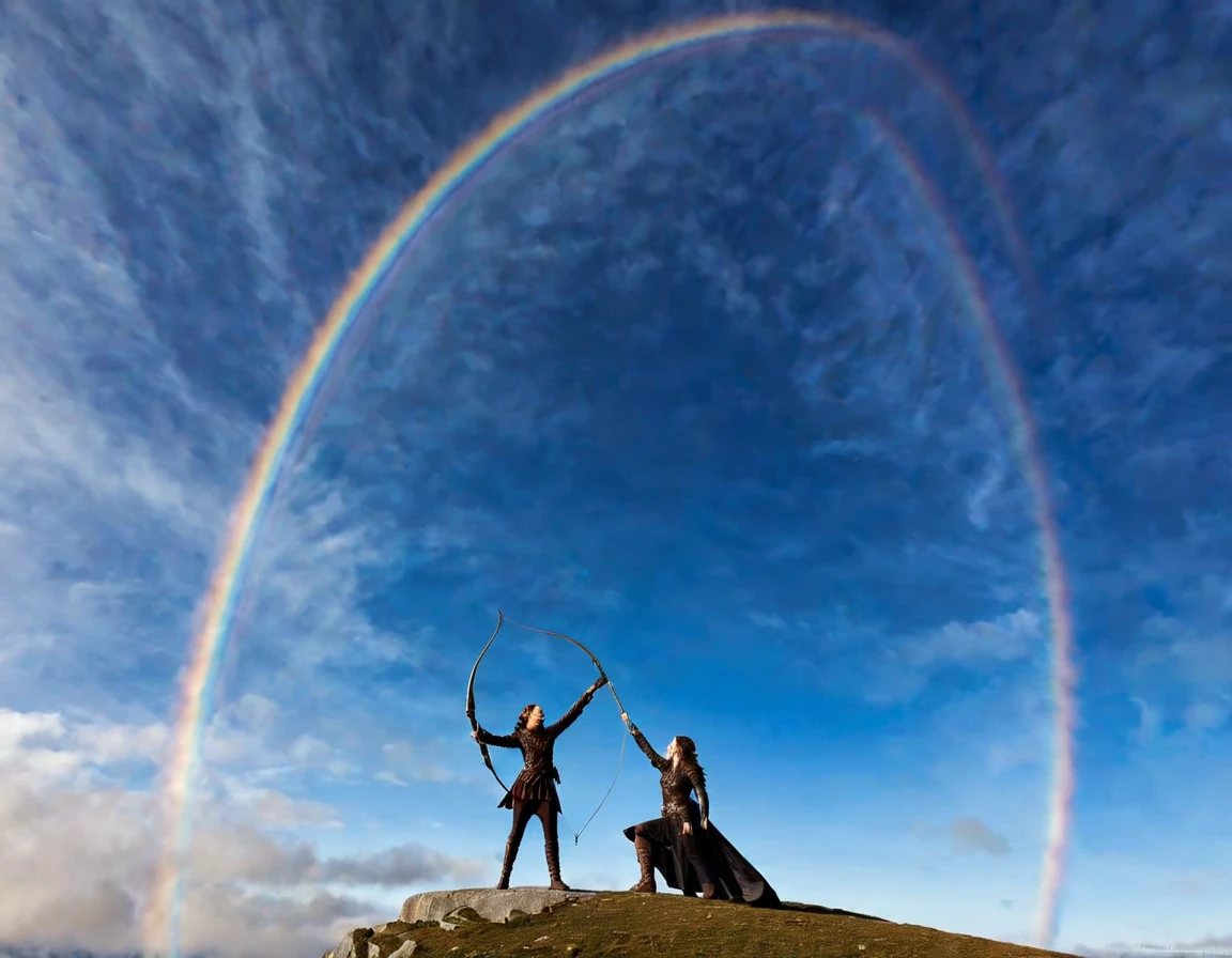 ((Une femme sublime avec un arc et une flèche est assise sur le dos d'un immense aigle)), s'envole dans un ciel radieux, (un seul arc tendu à la main), long cheveux flottants, la flèche tendue vers le soleil couchant, une flèche vient d'être décochée,  vue de côté , pose dynamique , bouche ouverte elle hurle sa rage de vaincre , ((archeress , arc et flèche, en lévitation)) , proportions parfaites, masterpiece, hyperRéaliste, masterpiece, superior quality, high resolution, Extremely detailed, highly detailed 8K wallpaper, détails fractales, 