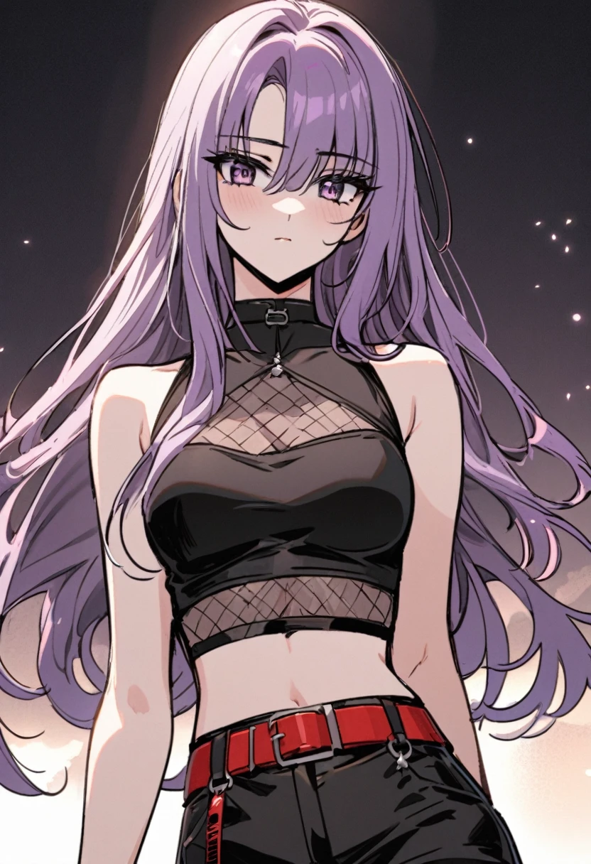 One a beautiful and calm woman, she has dark purple hair mixed with light purple hair at the ends of her hair, she wears black shorts and she wears a dark purple crop top with a red belt accessory. Manhwa style. 