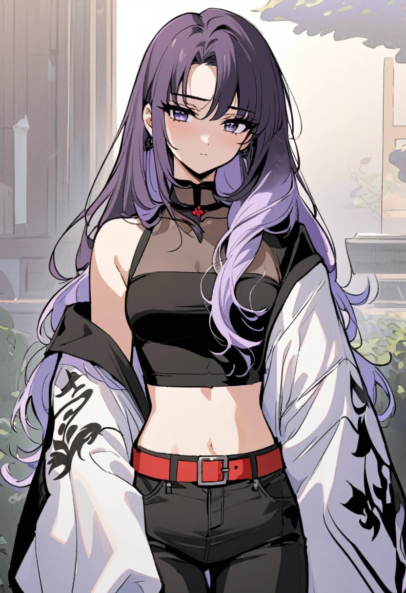One a beautiful and calm woman, she has dark purple hair mixed with light purple hair at the ends of her hair, she wears black shorts and she wears a dark purple crop top with a red belt accessory. Manhwa style. 