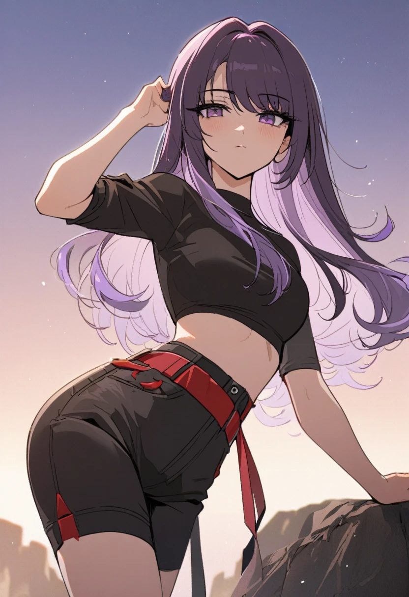 One a beautiful and calm woman, she has dark purple hair mixed with light purple hair at the ends of her hair, she wears black shorts and she wears a dark purple crop top with a red belt accessory. Manhwa style.
