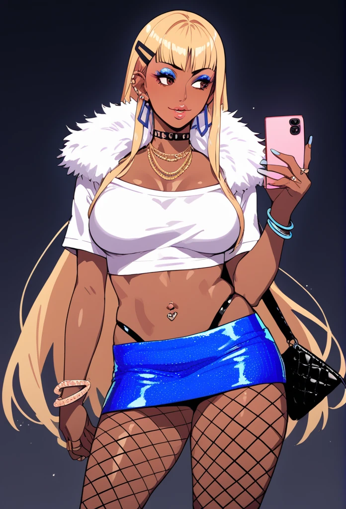 Score_9, score_8_up, score_7_up, score_6_up, source_anime, rating:general, 1girl, slutty_clothes, makeup, 1girl, solo, kiryuuin_satsuki, dark-skinned female, blonde hair, dark skin, phone, jewelry, sunglasses, earrings, long hair, crop top, handbag, very long hair, hair ornament, midriff, choker, makeup, bracelet, navel piercing, miniskirt, piercing, hairclip, necklace, ring, looking to the side, brown eyes, smile, sparkle, cowboy shot, cropped shirt, blue skirt, fur trim, alternate costume, short sleeves, forehead, white shirt, standing, gyaru, glasses, fishnets, ear piercing, tattoo, fur-trimmed skirt, eyeshadow, parted lips