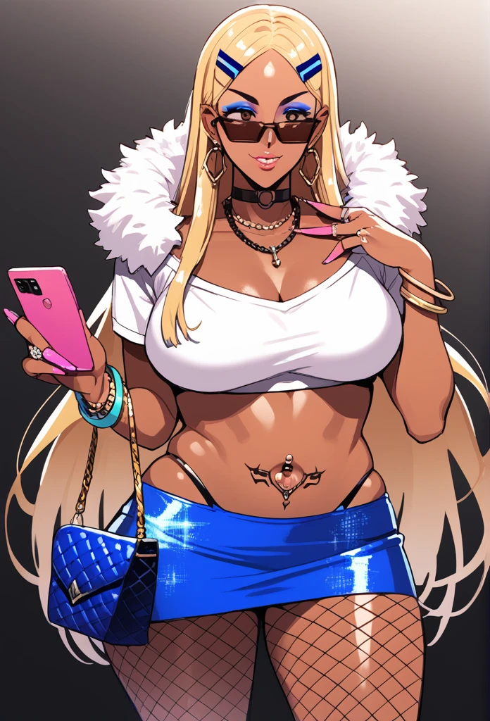 Score_9, score_8_up, score_7_up, score_6_up, source_anime, rating:general, 1girl, slutty_clothes, makeup, 1girl, solo, kiryuuin_satsuki, dark-skinned female, blonde hair, dark skin, phone, jewelry, sunglasses, earrings, long hair, crop top, handbag, very long hair, hair ornament, midriff, choker, makeup, bracelet, navel piercing, miniskirt, piercing, hairclip, necklace, ring, looking to the side, brown eyes, smile, sparkle, cowboy shot, cropped shirt, blue skirt, fur trim, alternate costume, short sleeves, forehead, white shirt, standing, gyaru, glasses, fishnets, ear piercing, tattoo, fur-trimmed skirt, eyeshadow, parted lips