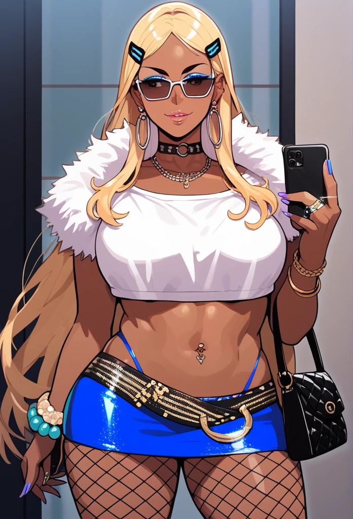 Score_9, score_8_up, score_7_up, score_6_up, source_anime, rating:general, 1girl, slutty_clothes, makeup, 1girl, solo, kiryuuin_satsuki, dark-skinned female, blonde hair, dark skin, phone, jewelry, sunglasses, earrings, long hair, crop top, handbag, very long hair, hair ornament, midriff, choker, makeup, bracelet, navel piercing, miniskirt, piercing, hairclip, necklace, ring, looking to the side, brown eyes, smile, sparkle, cowboy shot, cropped shirt, blue skirt, fur trim, alternate costume, short sleeves, forehead, white shirt, standing, gyaru, glasses, fishnets, ear piercing, tattoo, fur-trimmed skirt, eyeshadow, parted lips