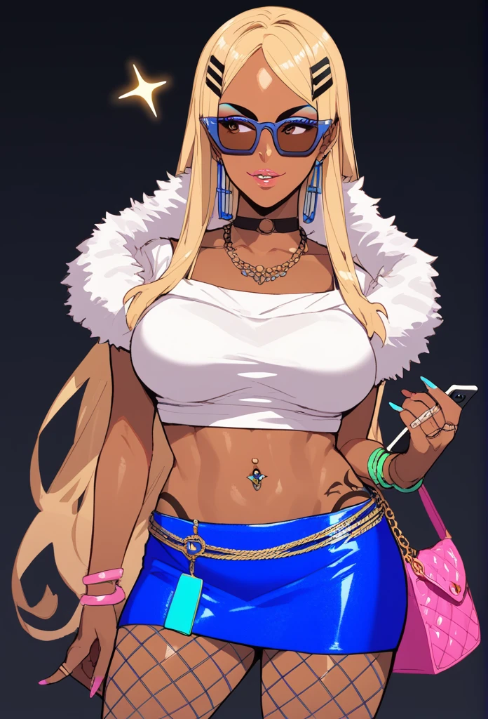 Score_9, score_8_up, score_7_up, score_6_up, source_anime, rating:general, 1girl, slutty_clothes, makeup, 1girl, solo, kiryuuin_satsuki, dark-skinned female, blonde hair, dark skin, phone, jewelry, sunglasses, earrings, long hair, crop top, handbag, very long hair, hair ornament, midriff, choker, makeup, bracelet, navel piercing, miniskirt, piercing, hairclip, necklace, ring, looking to the side, brown eyes, smile, sparkle, cowboy shot, cropped shirt, blue skirt, fur trim, alternate costume, short sleeves, forehead, white shirt, standing, gyaru, glasses, fishnets, ear piercing, tattoo, fur-trimmed skirt, eyeshadow, parted lips