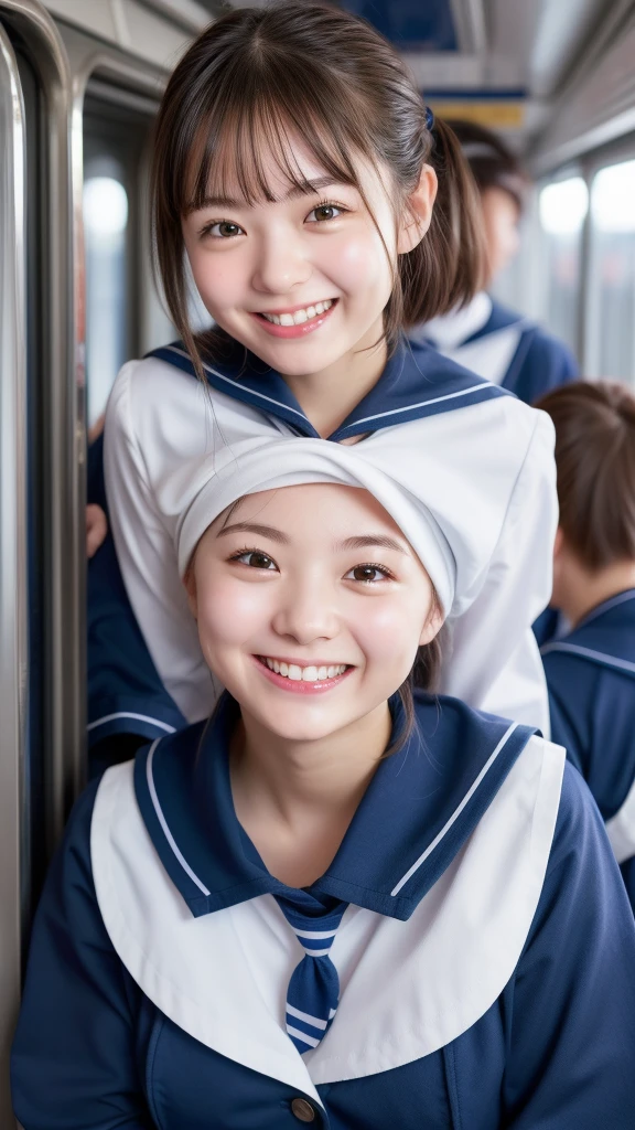 Enhanced dynamic perspective,cute cute beautiful girl,Sailor suit ,look at me and smile,The background is in a crowded train,works of masters,high quality,4K resolution,Super fine,fine pubic hair,Accurate,cinematic lighting,Retain original facial proportions、((smoll breasts))