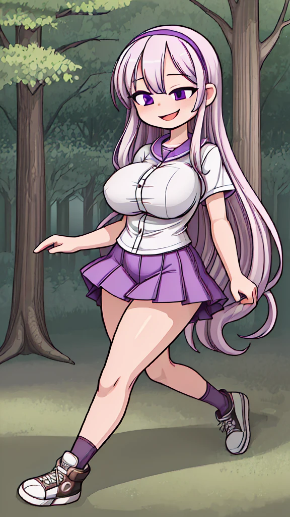 ((Best Quality)), ((Masterpiece)), (detailed), 1 girl, white button-down t-shirt, purple skirt, high brown stockings, black high-heeled sneakers, Pastel yellow hair, long hair, hair covers one eye, purple eyes, tight, big breasts, big thighs, expression smiling shy, walking in a park