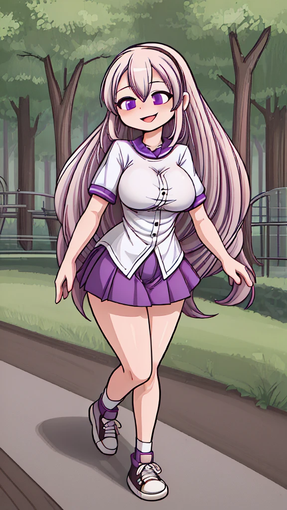 ((Best Quality)), ((Masterpiece)), (detailed), 1 girl, white button-down t-shirt, purple skirt, high brown stockings, black high-heeled sneakers, Pastel yellow hair, long hair, hair covers one eye, purple eyes, tight, big breasts, big thighs, expression smiling shy, walking in a park