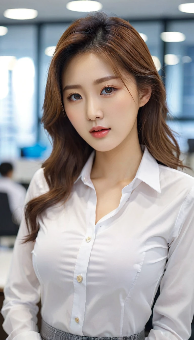close-up of beautiful korean female, 34 inch breasts size, wearing fitting shirt, skirt, in yhe office room, bokeh background, UHD