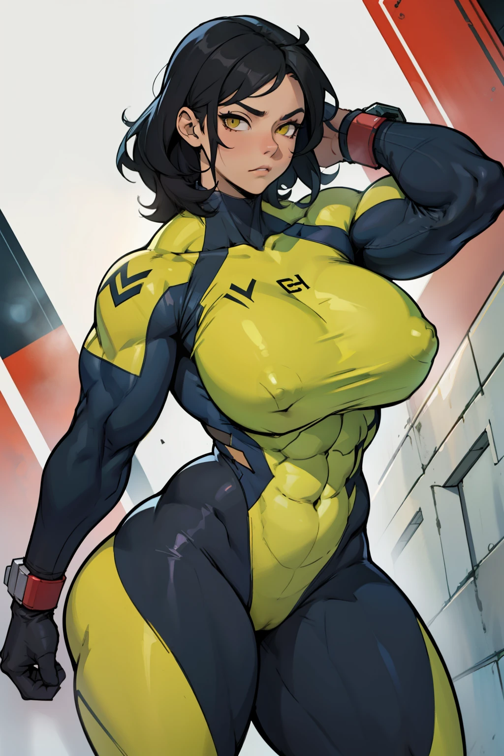 huge muscles huge breasts huge thighs sad expressionless black hair yellow eyes pale skin woman skintight suit super detailed highest quality