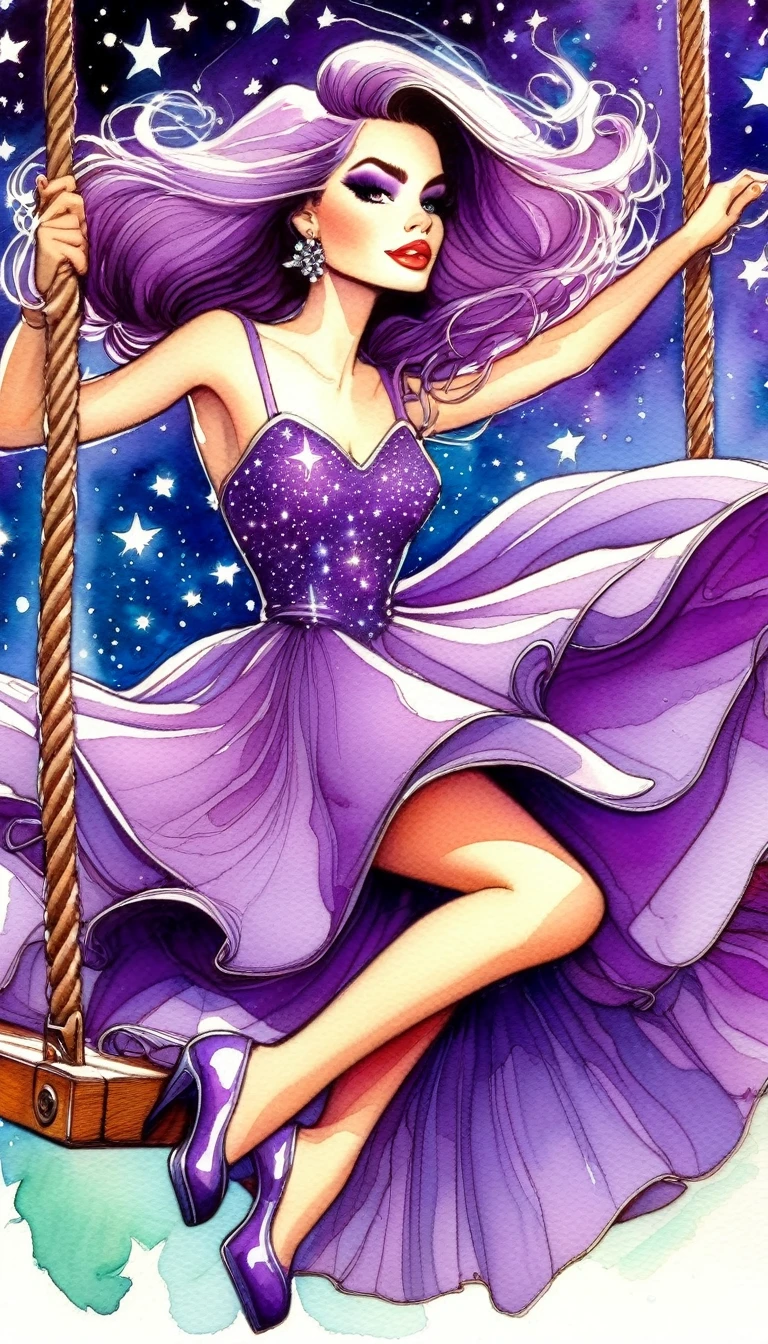 a cartoon drawing of a sexy girl in a purple dress riding a swing in the air, 1girl, solo, purple dress, swing, starlight, stars, watercolor, oil painting, whimsical, fantasy, detailed face, beautiful eyes, lush lips, detailed clothing folds, dynamic composition, vibrant colors, dramatic lighting, soft edges, digital art, art inspired by Bill Sienkiewicz
