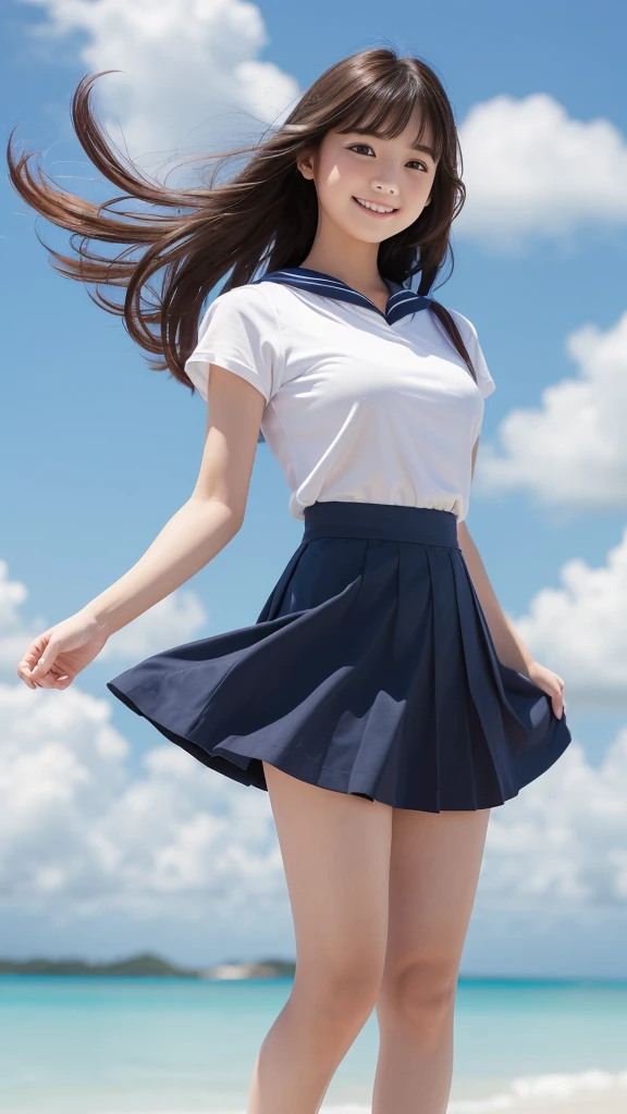 1girl,(((Okinawa ocean)))、(((White sand beaches in Okinawa)))、(((Just join your hands and pray)))、(((Mysterious look)))、8k UHD、Digital single-lens reflex camera、High resolution、Shallow depth of field、Natural light、(((オフショルダーで腕を上げて美しい脇の下をみせてくれる)))、(((Sailor suit)))、(((navy blue super mini skirt)))、(((A sparkling, charming smile)))、(((Full body photography)) )、Small person、(((Young face)))、1 Japanese female、;beautiful girl、(Black Hair)、A strong wind blows up my skirt、(((Brown eyes)))、Glowing Skin、Smooth Thinning Hair、Long Hair、Detailed background、Detailed eyes and face、Clear Eyes、Cute smile、Calm atmosphere、(((stage)))、(((Small breasts)))、(iful Eyes)))、Flat chest、Children、(((Toned t))) 、(((Angle from below) ))、(((Fine lips)))、(((Skirt fluttering)))、Shining beautiful legs、( Skirt fluttering violently in the strong wind :1.4), (hair blowing in the strong wind:1.4), (leaning forward)、barefoot、barefoot、((((A skirt flipped up by a strong w)))