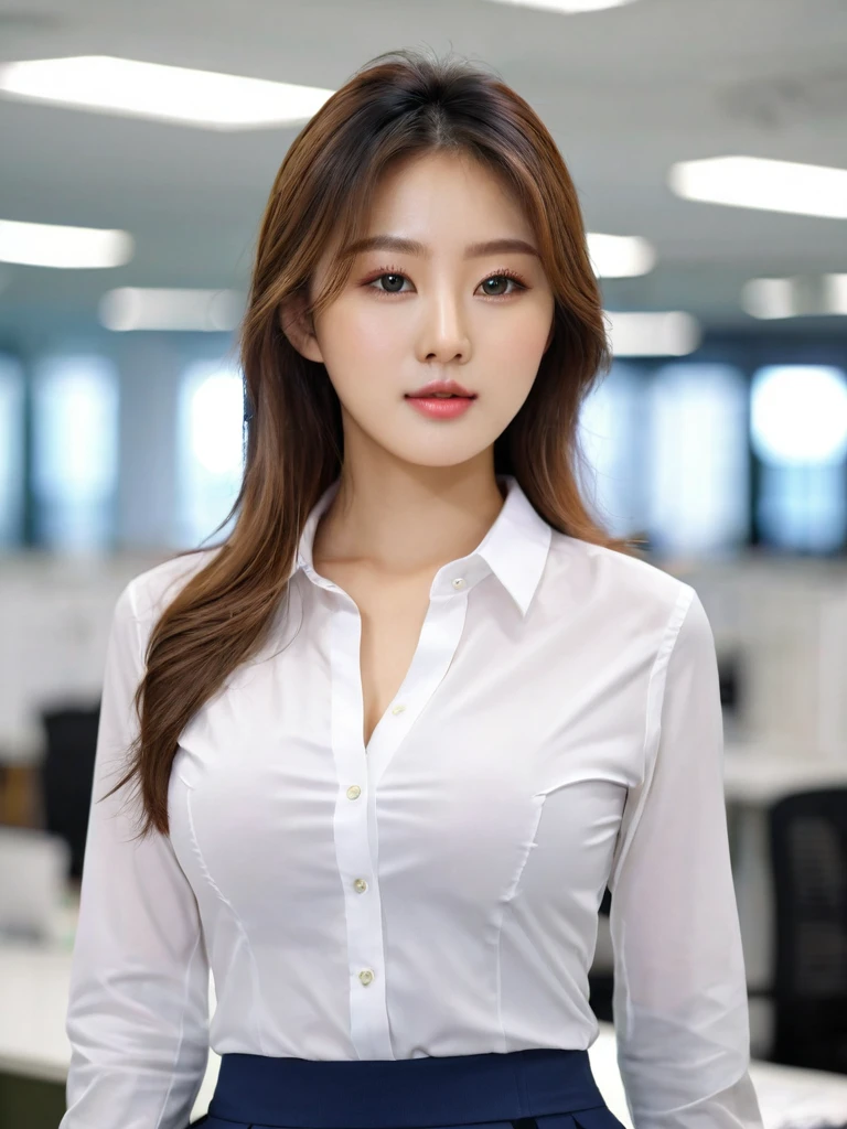 close-up of beautiful korean female, 34 inch breasts size, wearing fitting shirt, skirt, in yhe office room, bokeh background, UHD