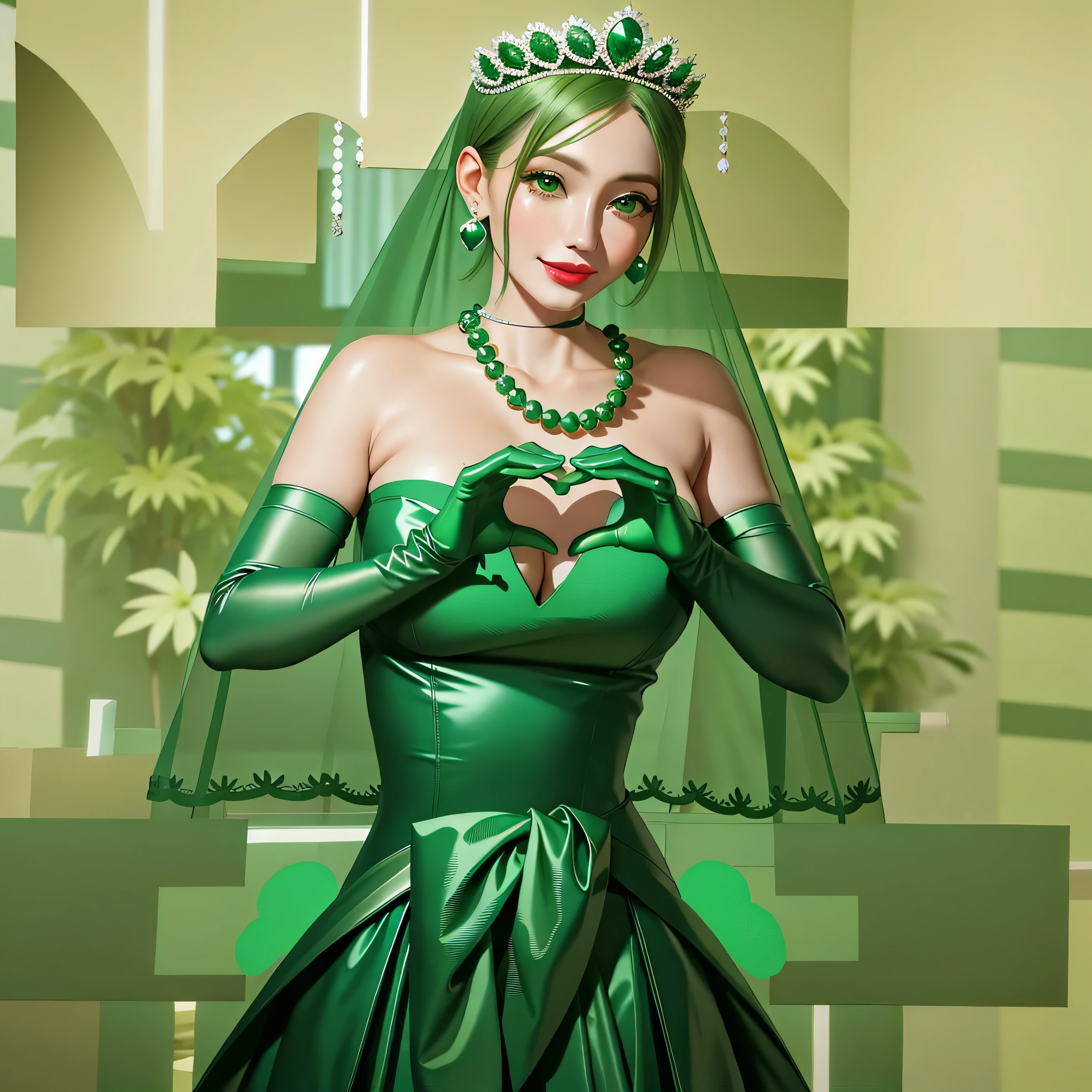 emerald tiara, Green Pearl Necklace, Boyish very short green hair, Green Lips, Smiling Japanese woman, Very short hair, Busty beautiful lady, Green Eyes, Green satin long gloves, Green Eyes, Emerald Earrings, Green veil, Heart with both hands, Green Hair, Beautiful Japanese Women, Heart shaped hands:1.3, green lip gloss