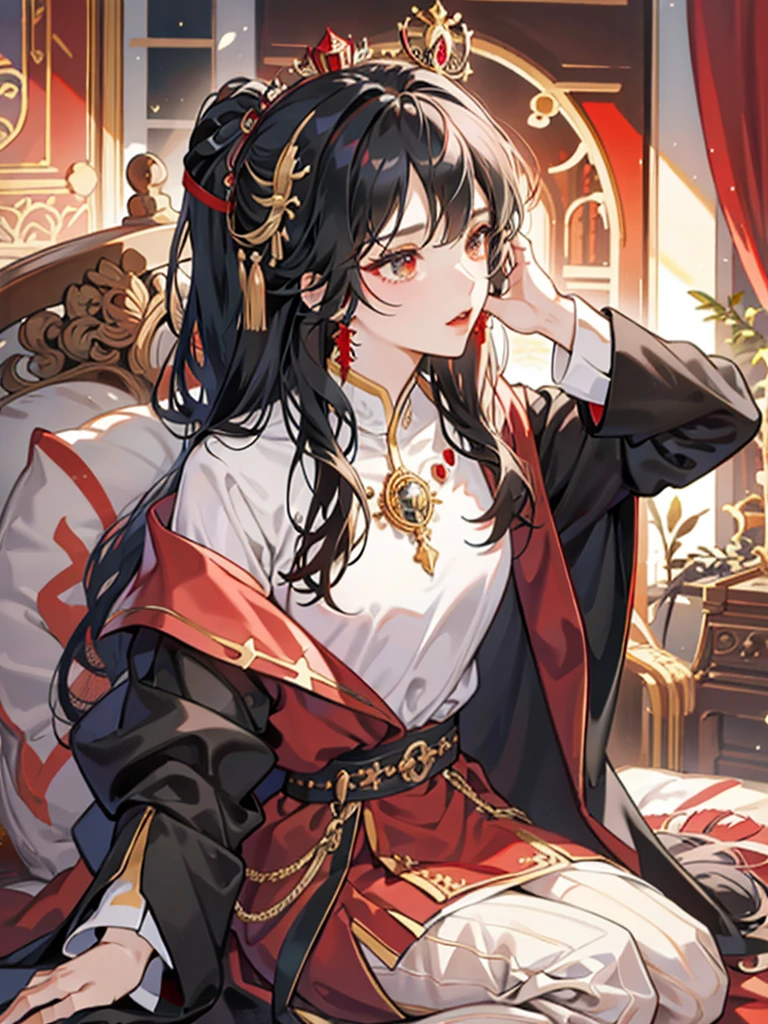 Queen,red,Majesty,Golden crown,long black hair,Western style palace,Overlooking,red絲絨披風,red黑色絲綢長裙