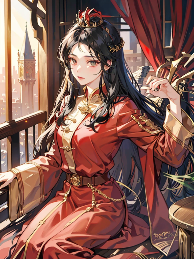 Queen，red，Majesty，Golden crown，long black hair，Western style palace，Overlooking，red絲絨披風，red黑色絲綢長裙