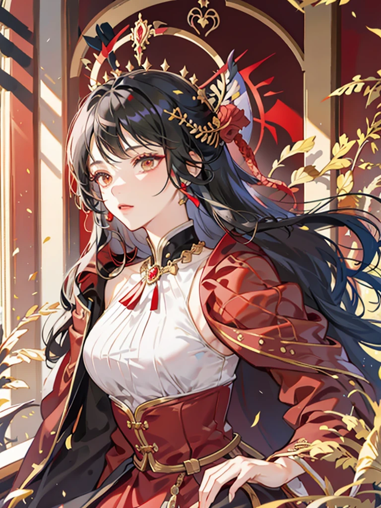 Queen,red,Majesty,Golden crown,long black hair,Western style palace,Overlooking,red絲絨披風,red黑色絲綢長裙