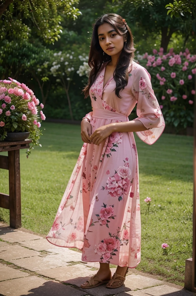 South asian girl in a peony garden. She is wearing a stunning pink long floral dress. The dress is long fluid muslins with a train. The wind lift up the train of the dress