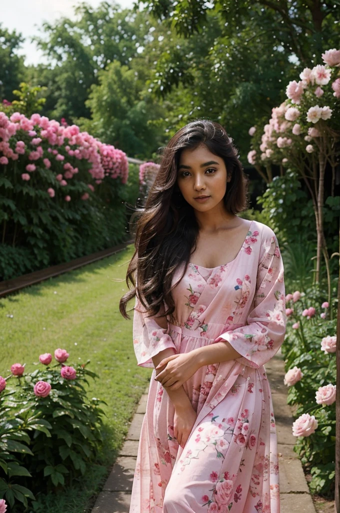 South asian girl in a peony garden. She is wearing a stunning pink long floral dress. The dress is long fluid muslins with a train. The wind lift up the train of the dress