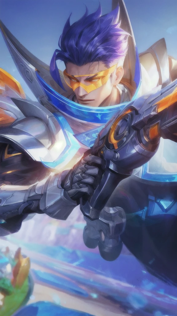 (Absurdres, Intricate Details, Masterpiece, Best Quality, High Resolution, 8k), 1 male, thin, young, aged up, masked, finely detailed eyes and face, auburn low-fade hair, amber eyes, portrait,  looking at viewer, solo, half shot, detailed background, (light fantasy theme:1.1),  focusing, mercenary,  sunshine, floating scraps,  color plate armor, divine aura, bright realistic lighting, marble castle, intense atmosphere, circlet, coat of arms,  brazier,  , Depth of Field, VFX.