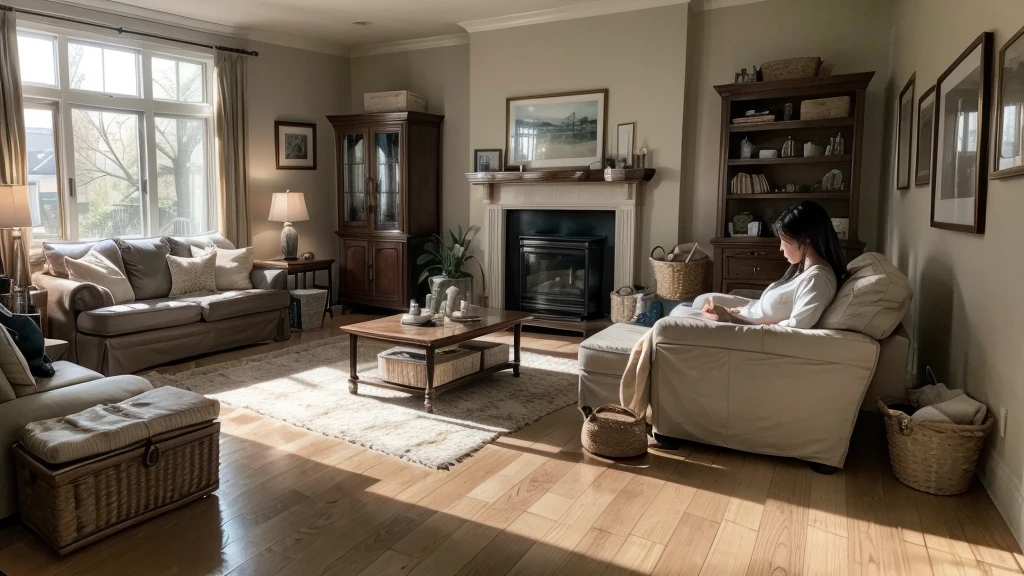 high-resolution, ultra-realistic, 4K, cinematic image of a serene living room bathed in warm natural light, with a busy mom folding laundry while immersed in an audiobook, surrounded by neatly stacked piles of clothes and a cozy atmosphere.