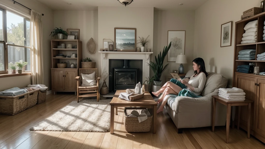 high-resolution, ultra-realistic, 4K, cinematic image of a serene living room bathed in warm natural light, with a busy mom folding laundry while immersed in an audiobook, surrounded by neatly stacked piles of clothes and a cozy atmosphere.